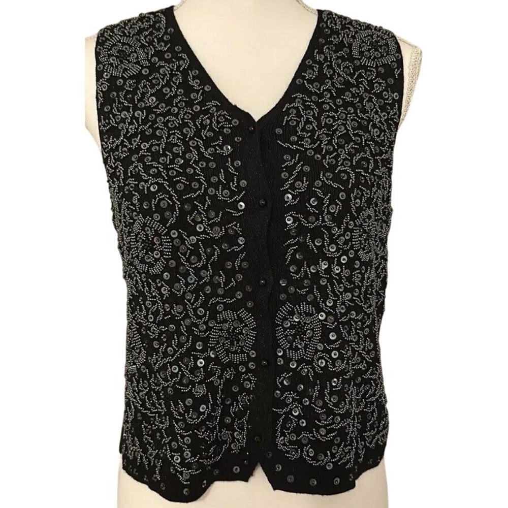 Vintage V Neck Sleeveless Sequins Buttoned Vest Wool Blend Old Money Sz M Y2K - Picture 2 of 9
